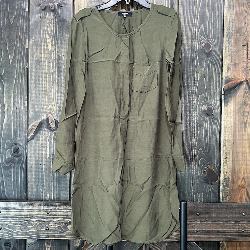 Madewell Shirt Dress XS Army Green Utility Cargo Tunic Look Button Sleeve Pocket
